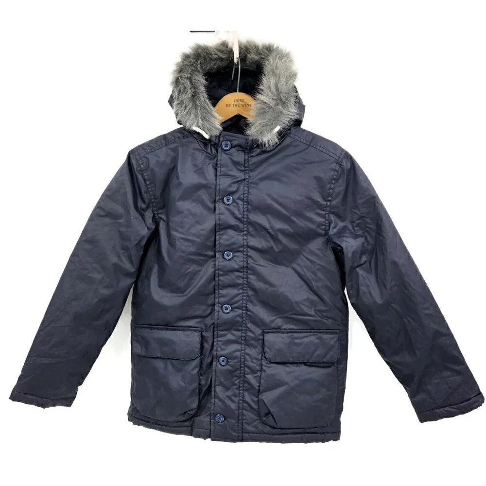 New Gymboree Puffer Parka Jacket Size 10-12 Navy Blue Faux Fur Hooded Coat